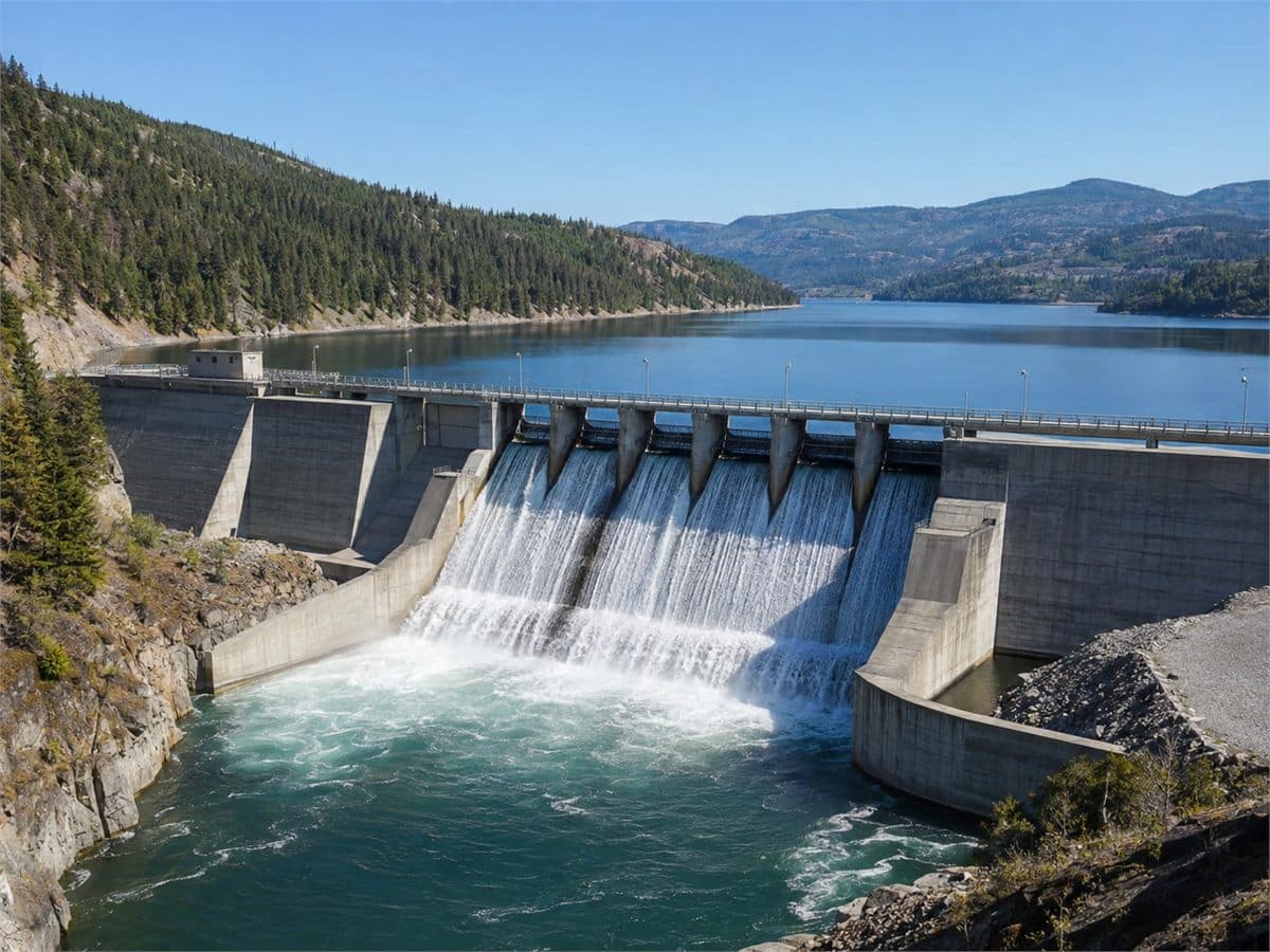 Barrage-poids en béton, évacuateur de crue en fonctionnement et retenue en eau