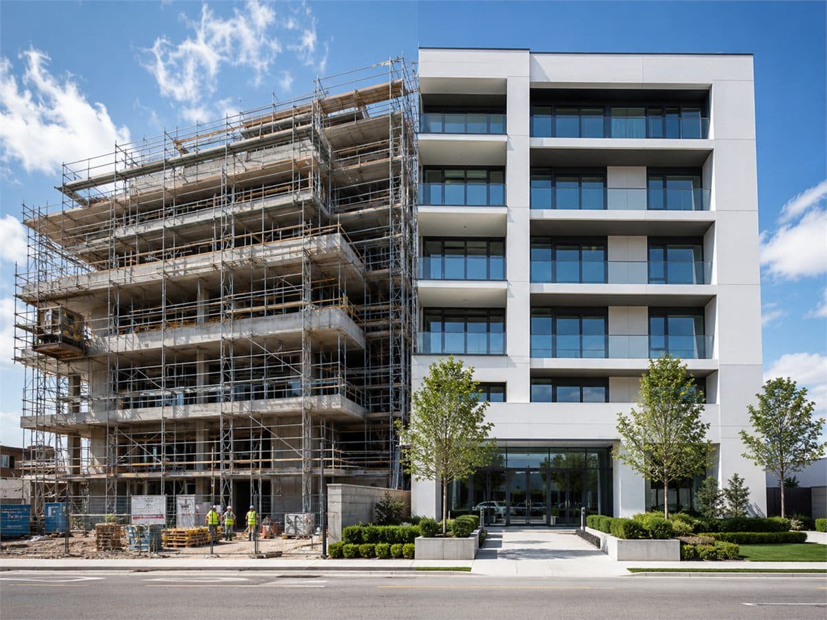 Immeuble en cours de construction sous échafaudages, jouxtant la façade déjà livrée