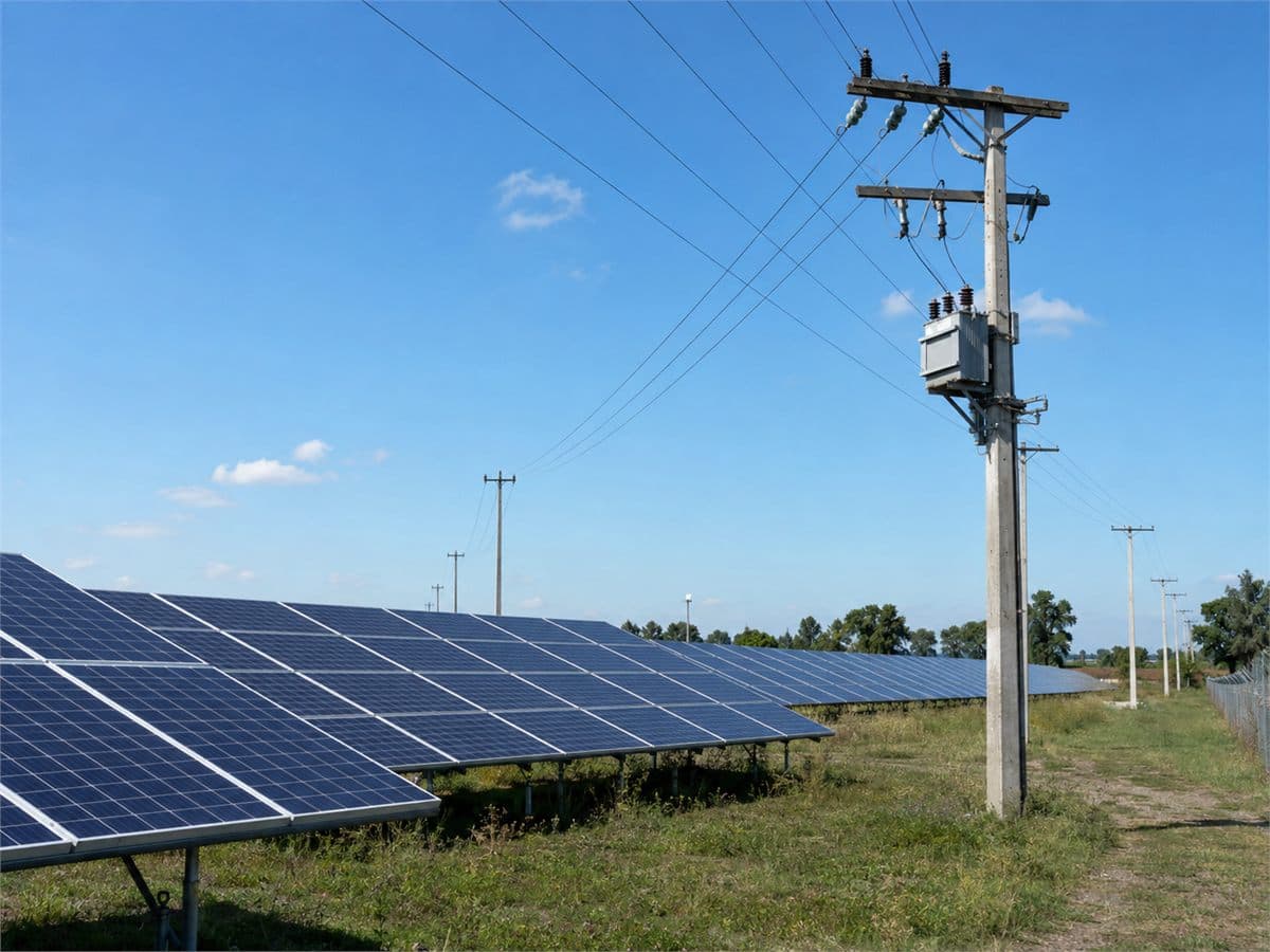 Champ photovoltaïque au sol et ligne moyenne tension avec transformateur sur poteau